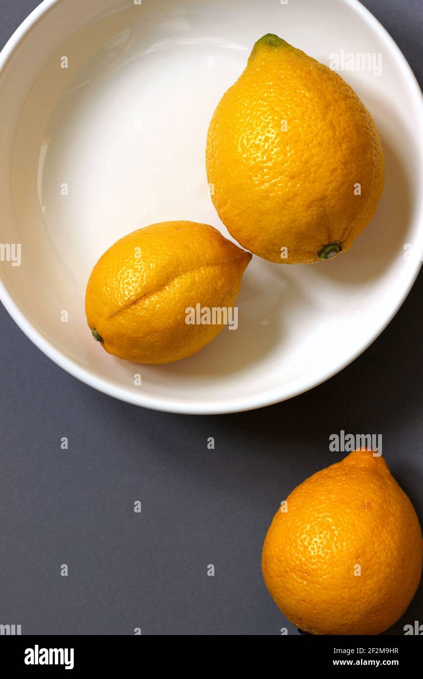 Overhead von frischen reifen Zitronen. Zitronen Still Life Design Konzept. Stockfoto