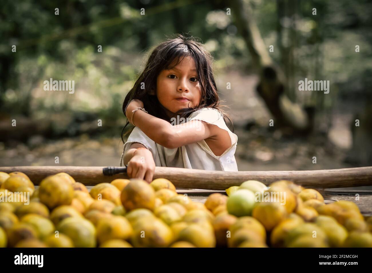 Tayrona, Magdalena, Kolumbien - März 2021: Porträt eines Kogi-indigenen Kogi-Kindes im Parque Natural Tayrona, Magdalena, Santa Marta, Kolumbien Stockfoto