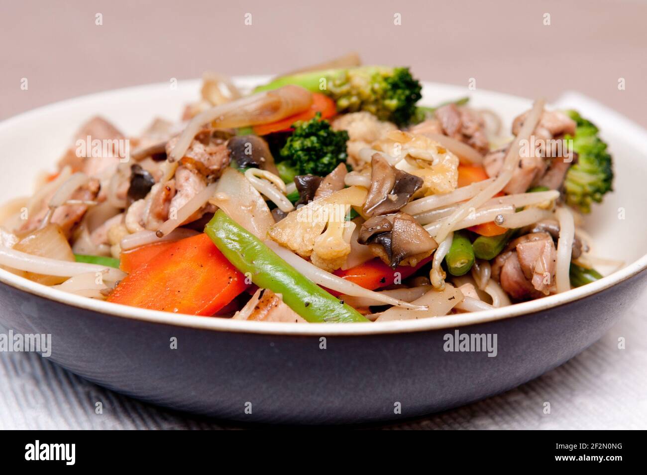 Eine Portion Hacken mit Brokkoli, Blumenkohl, Karotte, grünen Bohnen und Pilzen Stockfoto