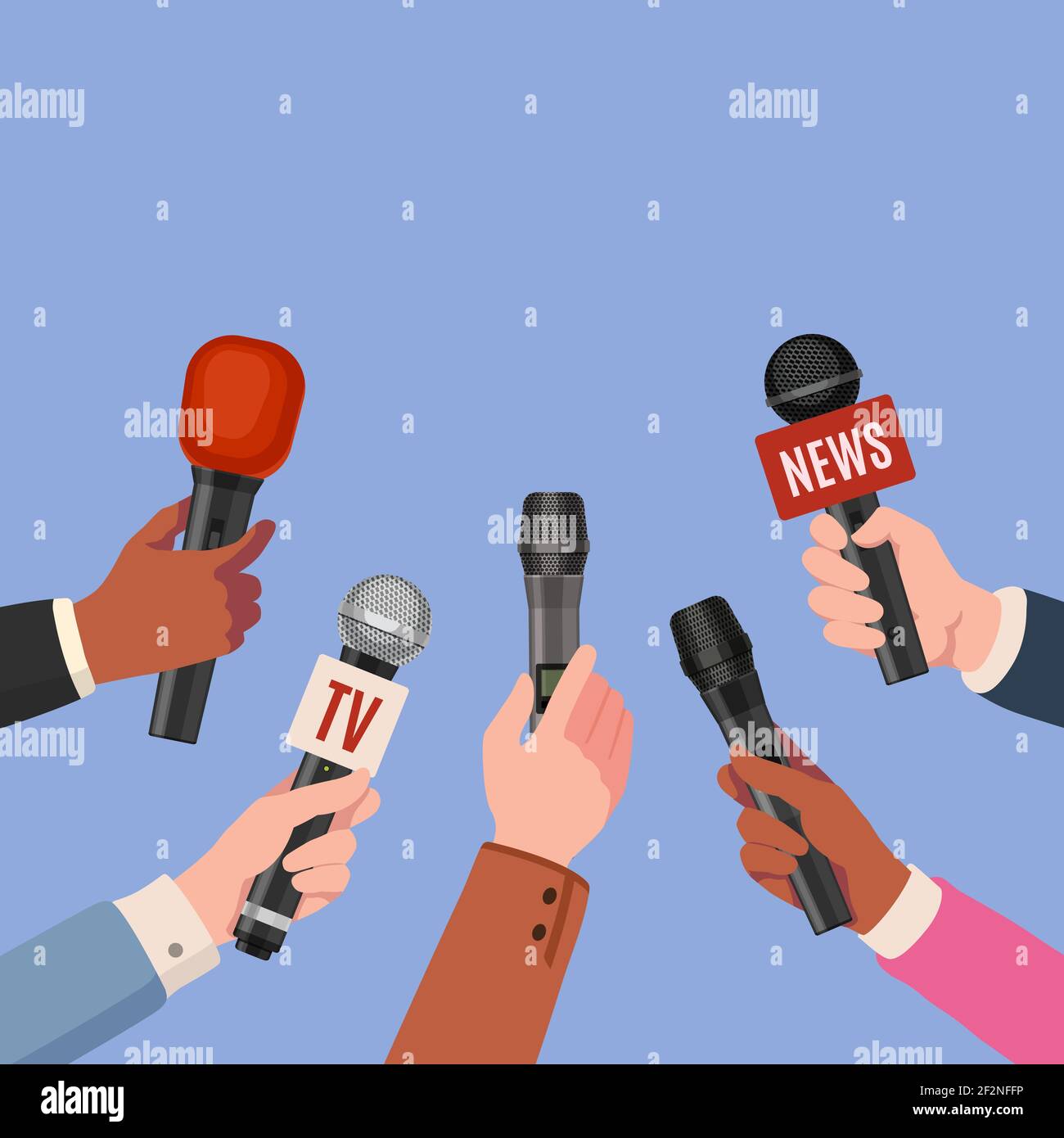 Journalist Hände mit Mikrofonen. Reporter mit Mikrofonen nehmen Interview für Nachrichtenübertragung, Pressekonferenz oder Nachrichtencast. Medienvektorkonzept Stock Vektor