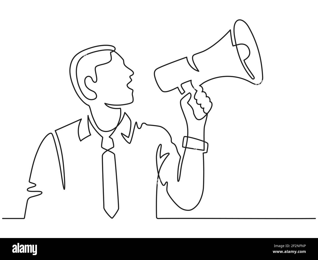 Kontinuierliche Linie Mann mit Megaphon. Männliche Silhouette schreit im Lautsprecher. Geschäftsmann stellt Mitarbeiter, Proteste oder kündigt Vektor-Konzept Stock Vektor