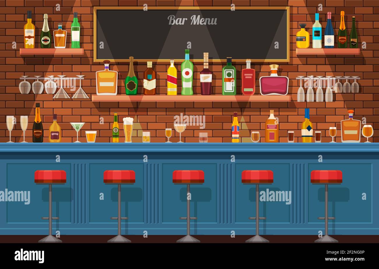 Barcounter. Pub oder Nachtclub mit Tisch und Stühlen. Flaschen und Gläser mit alkoholischen Getränken. Flat Alkohol Regale Vektor-Konzept Stock Vektor