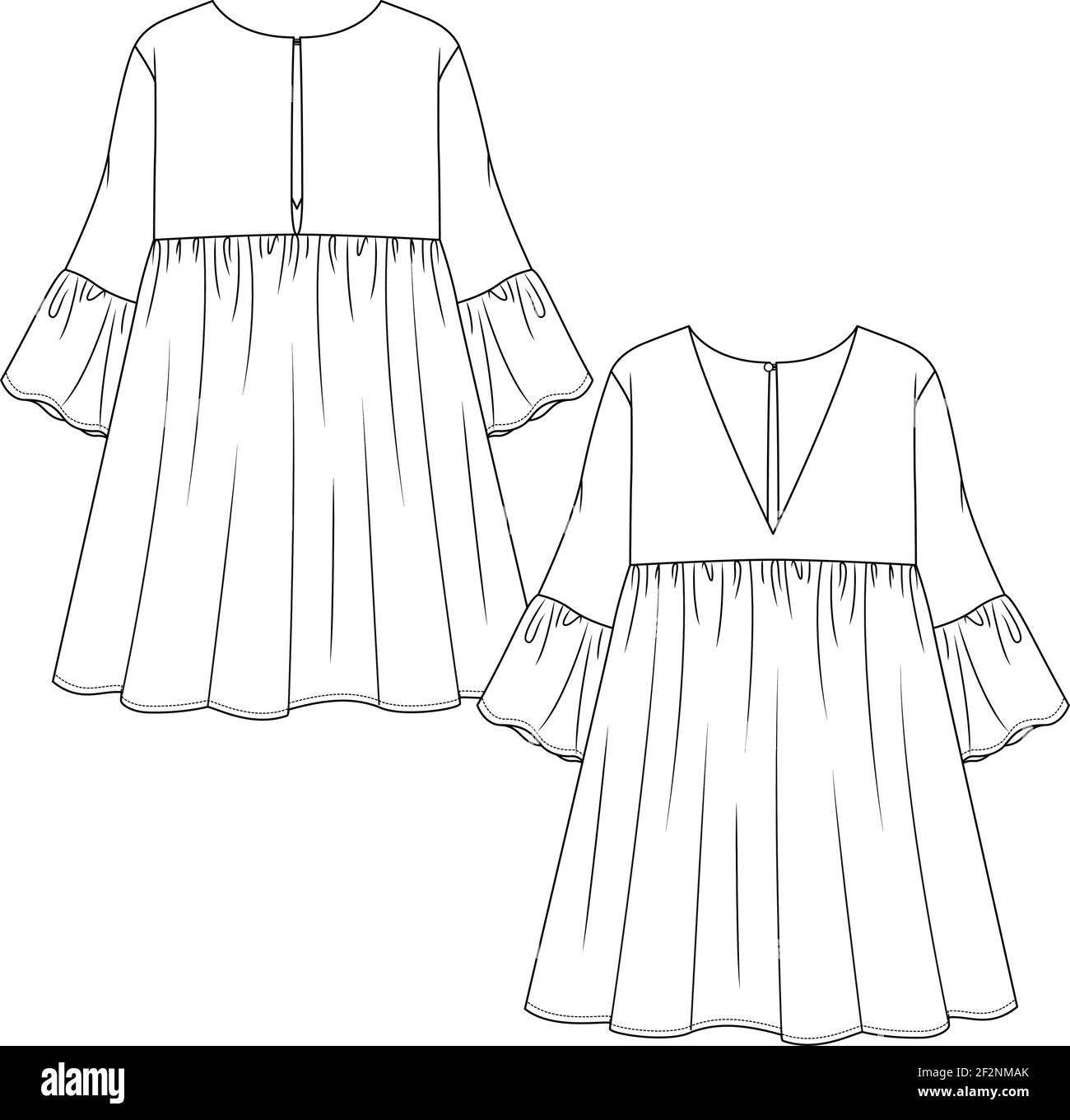 Frauen kurze Kleid Mode flach Skizze Vorlage. Technische Mode Illustration. Empire-Taillenkleid für Mädchen mit ausgestelltem Ärmeldetail. Niedriger V-Ausschnitt Stock Vektor