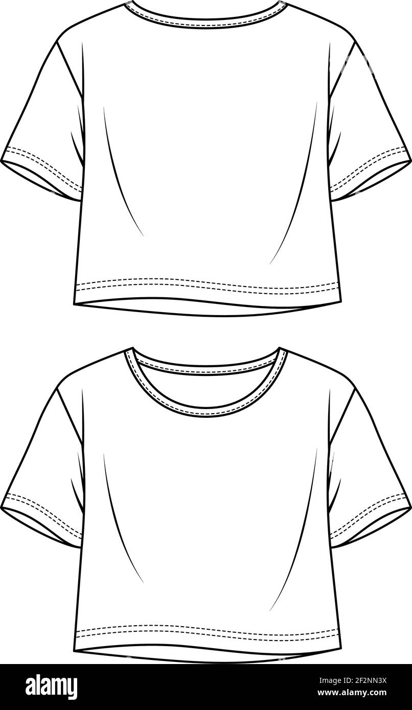 Frauen Flare Jersey Crop Top Mode flache Skizze Vorlage. Mädchen kurze Ärmel T-Shirt Technische Mode Illustration. „Relax Fit“-T-Shirt Stock Vektor