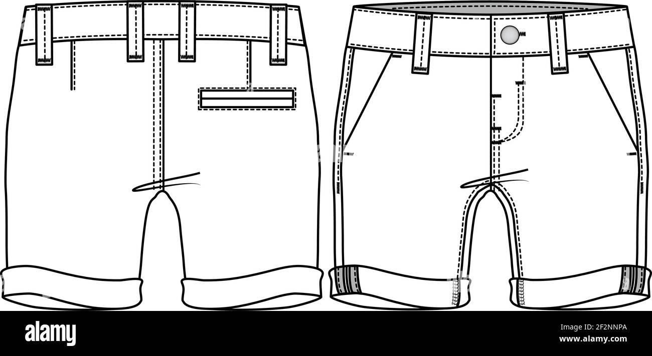 Jungen kurze flache Skizze Vorlage. Bermuda Technische Mode Illustration Stock Vektor
