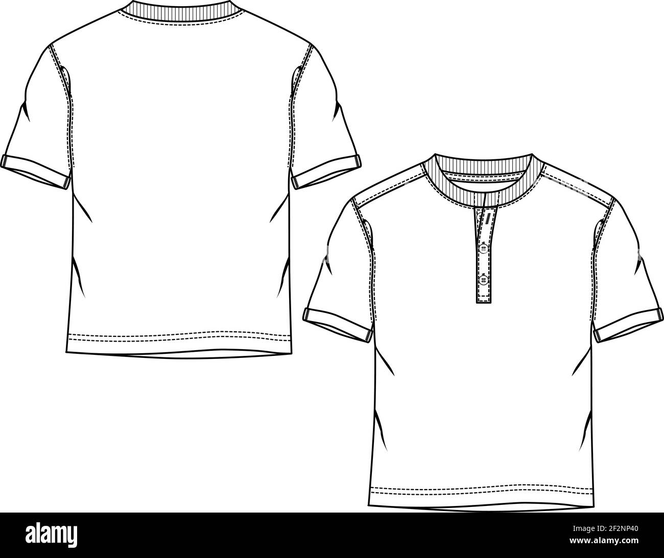 Männer. Jungen T-Shirt Mode flach Skizze Vorlage. Technische Mode Illustration. Vorne Geknöpft. Henley Top. Stock Vektor