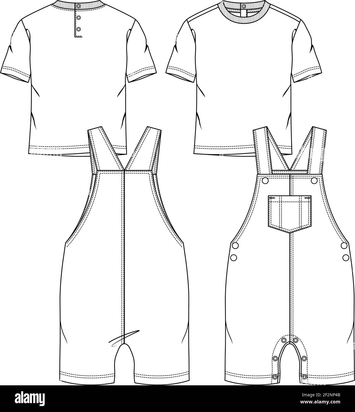 Baby Boys 2 Stück Set Mode flache Skizze Vorlage. Technische Mode Illustration. StrickOverall und Kurzarm-T-Shirt Stock Vektor