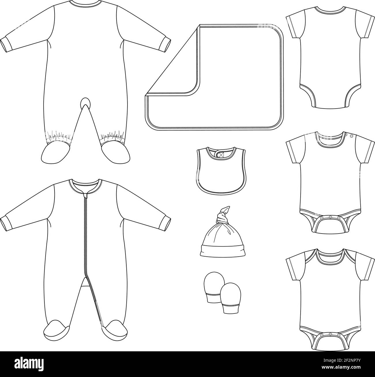 Set von Vector Baby Kleidung Elemente. Baby Layette Schlaf Bodysuit Mode flach Skizze Vorlage. Technische Mode Illustration. Einteilige Schlafanzugkappe Stock Vektor