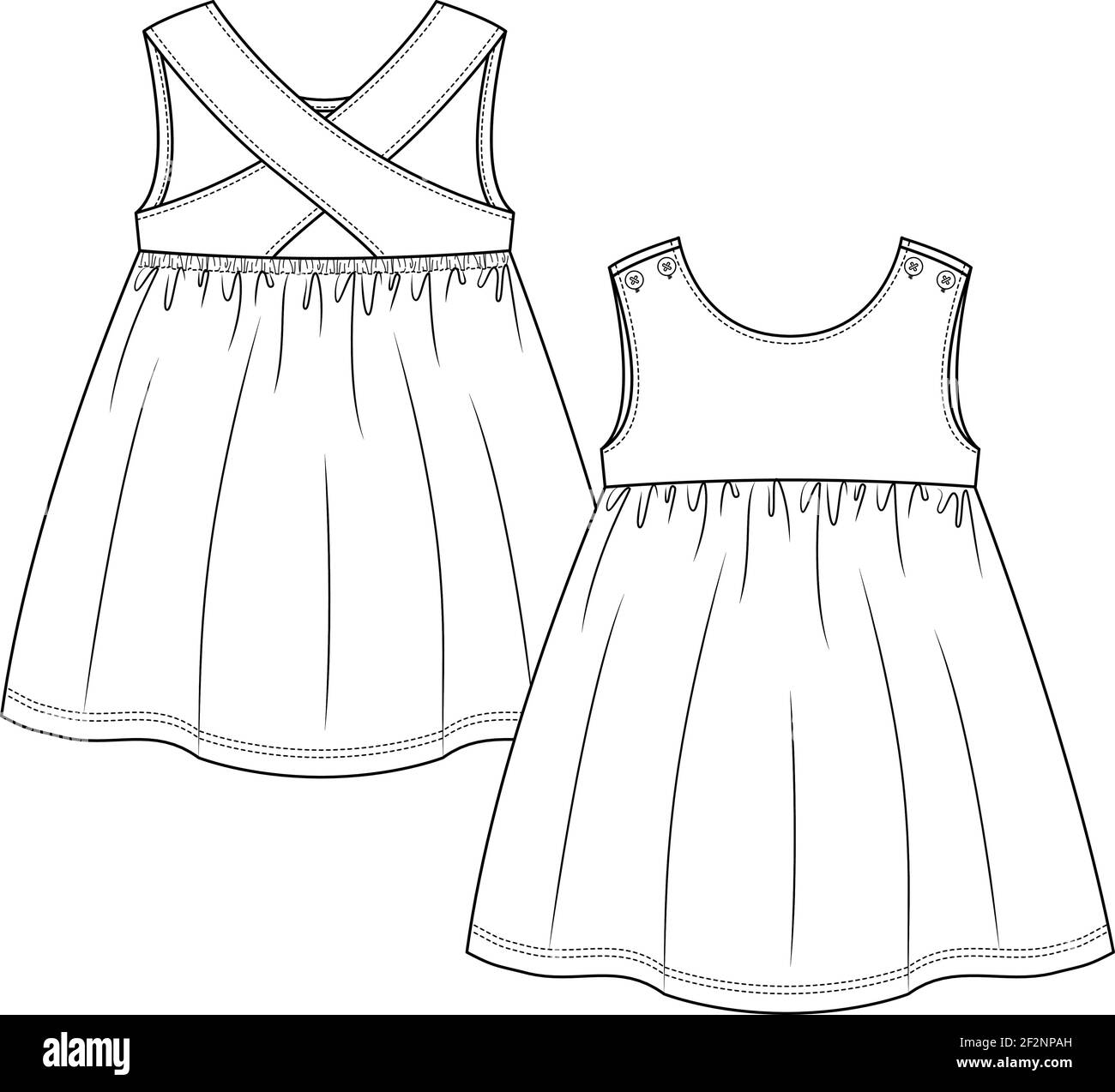 Baby Mädchen ärmelloses Kleid Mode flache Skizze Vorlage. Mädchen Kinder Top Technische Mode Illustration. Gurt Überquerung an der Rückseite Stock Vektor