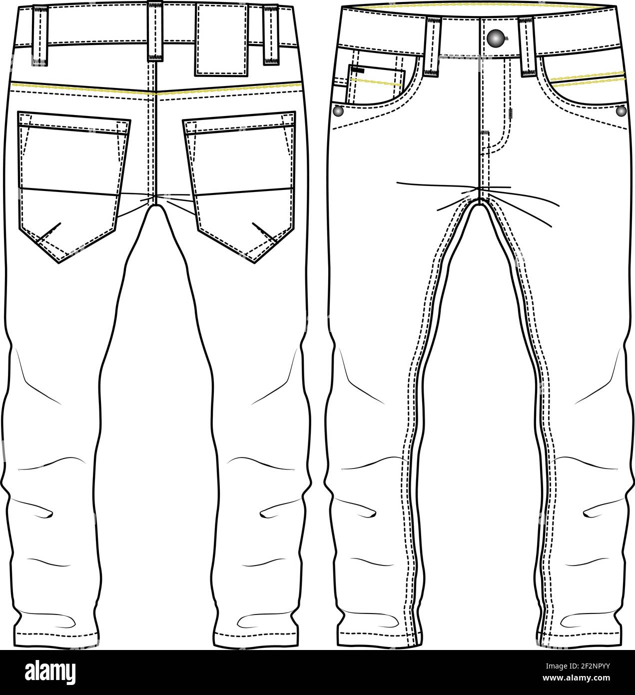 Männer Jungen Klassische Hose Mode flache Skizze Vorlage. Technische Mode Illustration. Gewobenes CAD. Neon Kontrast Kettenstich Details Stock Vektor
