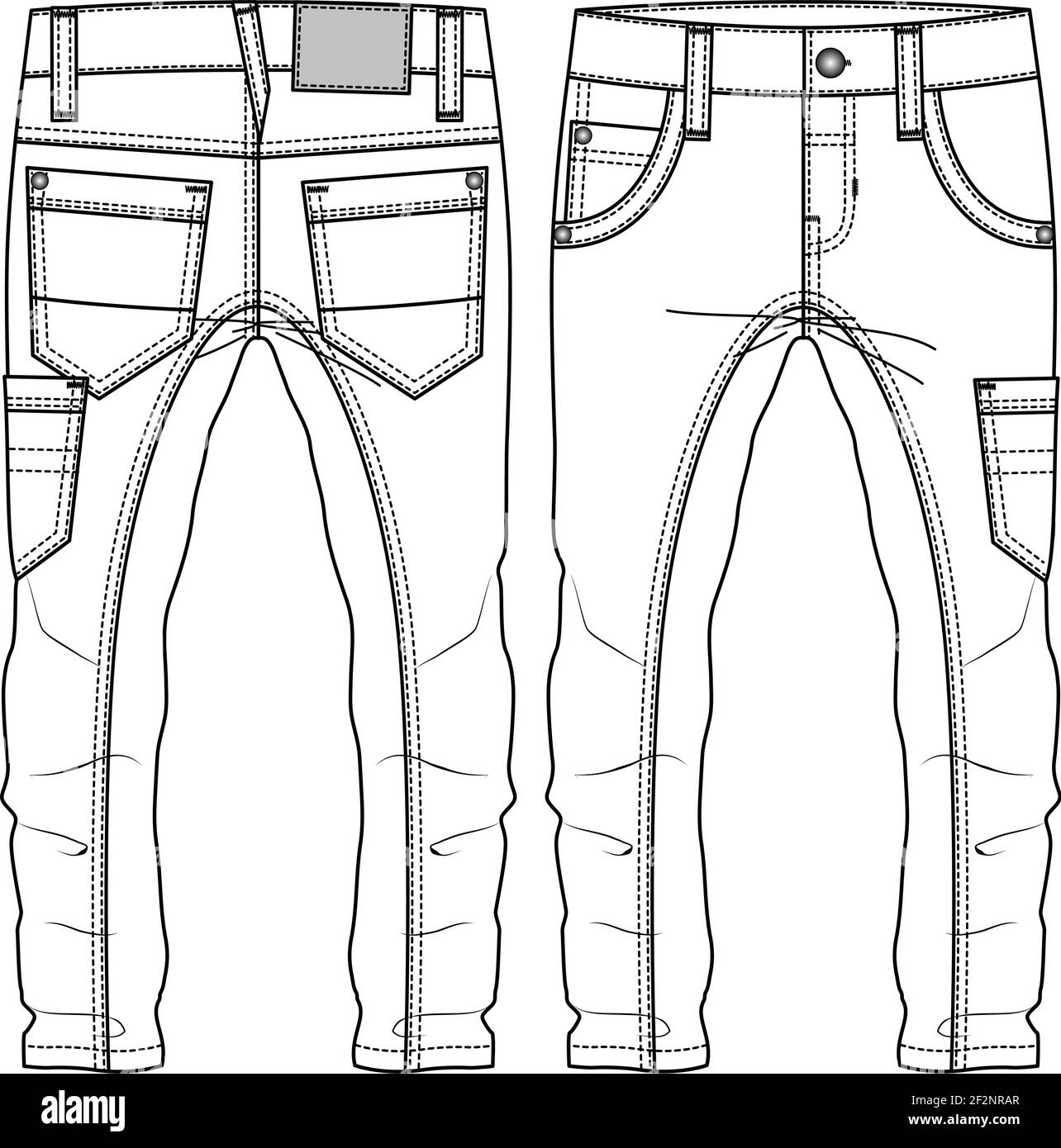 Männer Jungen mehrere Taschen Hose Mode flach Skizze Vorlage. Technische Mode Illustration. Denim-CAD. Seitentasche Stock Vektor