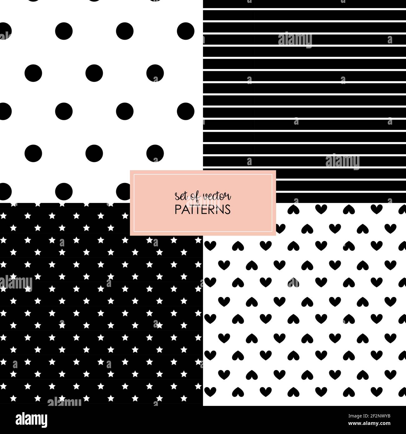 Set aus vier geometrischen nahtlosen Mustern. Vektorgrafik. Schwarz und weiß Polkadots Streifen Herzen Sterne Stock Vektor