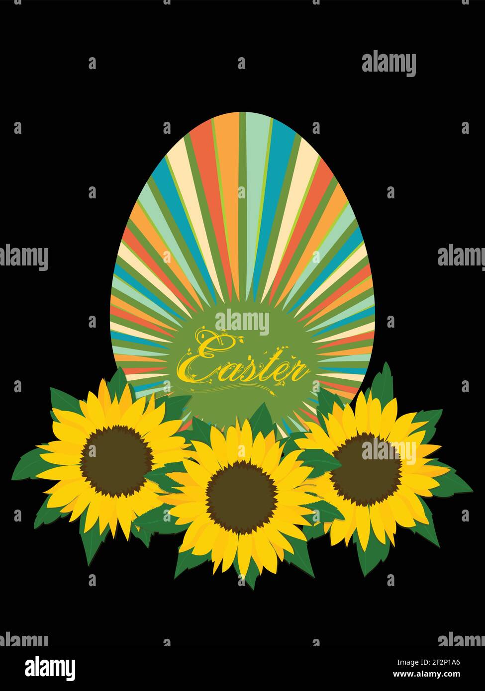 Mehrfarbige Gestreifte Ostereier Mit Dekorativem Text Auf Sonnenblumen Bett Auf Schwarzem Hintergrund Stock Vektor