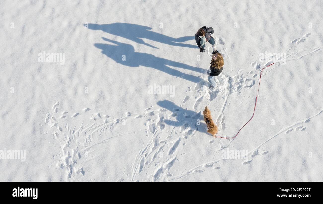 Zwei Frauen und ein Hund stehen auf einem schneebedeckten Feld. Stockfoto