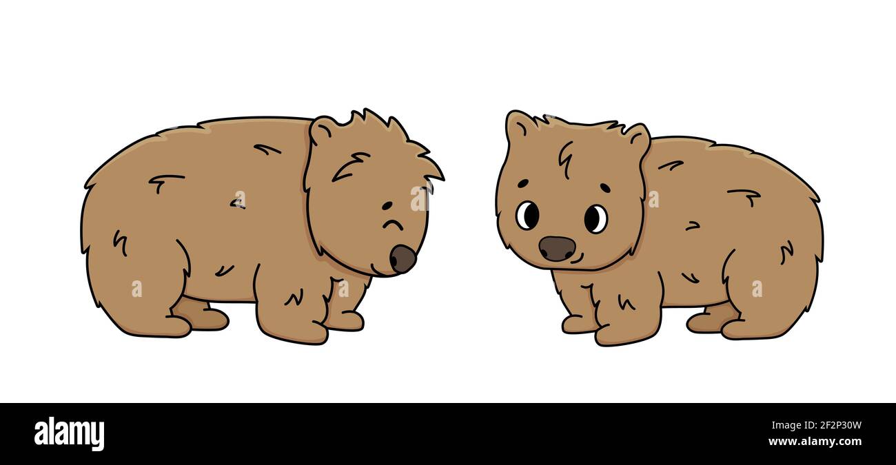 Set von zwei Vektor niedlichen Umriss braun Wombats. Isolierte Cartoon-Tiere auf weißem Hintergrund, Seitenansicht. Erstens lächelt, zweitens schließt die Augen, ist glücklich Stock Vektor