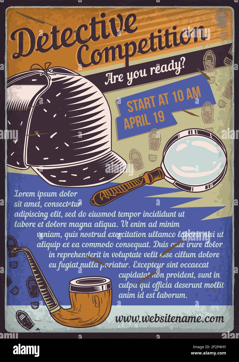 Werbeplakat mit Illustration von Detektivhut, Lupe und Pfeife Stock Vektor