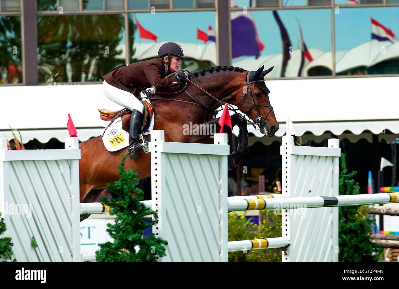 CSIO Meister, Spruce Meadows, August 2000, Meredith Michaels-Beerbaum (GER) Reiten Concetto Stockfoto