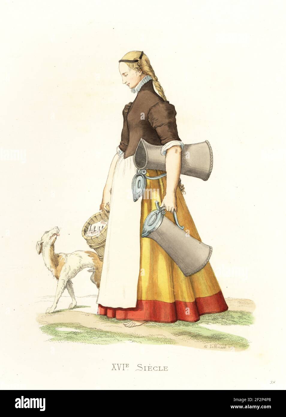 Deutsche Dienstmädchen, die vom Markt zurückkehrt, 16th Jahrhundert.. Sie bringt frisches Schweinefleisch und Bier. Barfuß, in braunem Mieder mit Rüschenkragen, gelbem Rock und weißer Schürze. Allemagne, Servante. Nach einem handkolorierten Holzschnitt. Handkolorierte Lithographie von Armand Joseph Lallemand nach einer Illustration von Edmond Lechevallier-Chevignard aus Georges Duplessis Costumes historiques des XVIe, XVIIe et XVIIIe siecles (Historische Kostüme des 16th., 17th. Und 18th. Jahrhunderts), Paris, 1867. Edmond Lechevallier-Chevignard war Künstler, Buchmaler und Innenarchitekt. Stockfoto