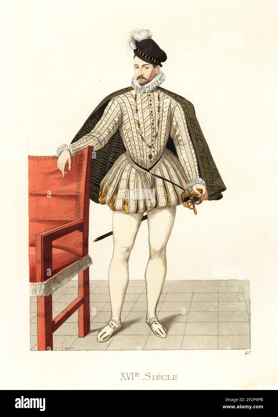 Porträt von König Karl IX. Von Frankreich, 1550-1574. In kurzen Mantel, Rüschen Kragen, doublet, Hosen und Schlauch, mit Schwert. Nach einem Porträt in der Sammlung des Comte Georges de Monbrison. Handkolorierte Lithographie von Armand Joseph Lallemand nach einer Illustration von Edmond Lechevallier-Chevignard aus Georges Duplessis Costumes historiques des XVIe, XVIIe et XVIIIe siecles (Historische Kostüme des 16th., 17th. Und 18th. Jahrhunderts), Paris, 1867. Edmond Lechevallier-Chevignard war Künstler, Buchmaler und Innenarchitekt. Stockfoto