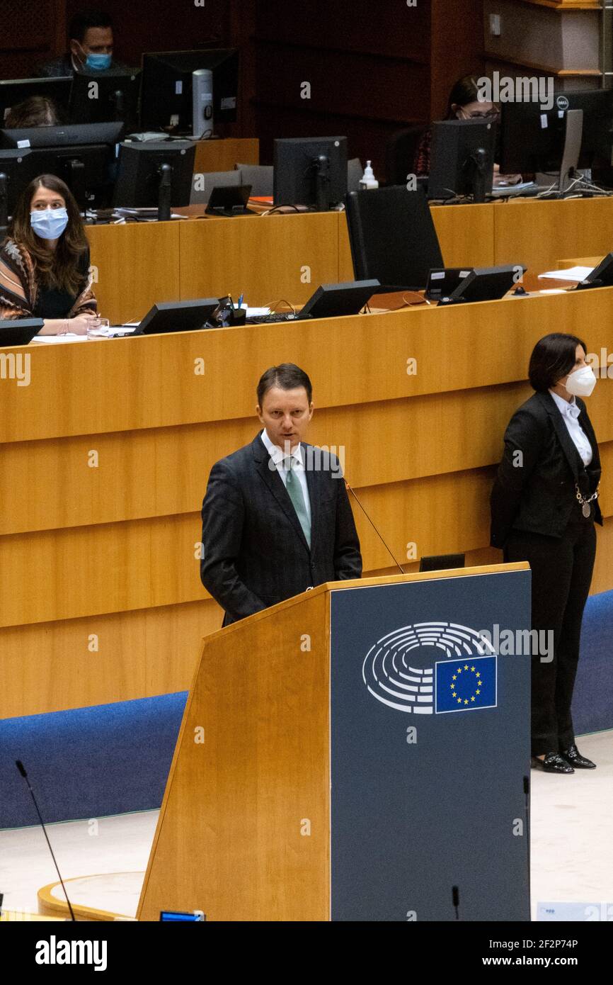 Plenarsitzung im Europäischen Parlament. Brüssel am 09/03/2021. Session pleniere au Parlament Europa. Brüssel le 08/03/2021. Stockfoto