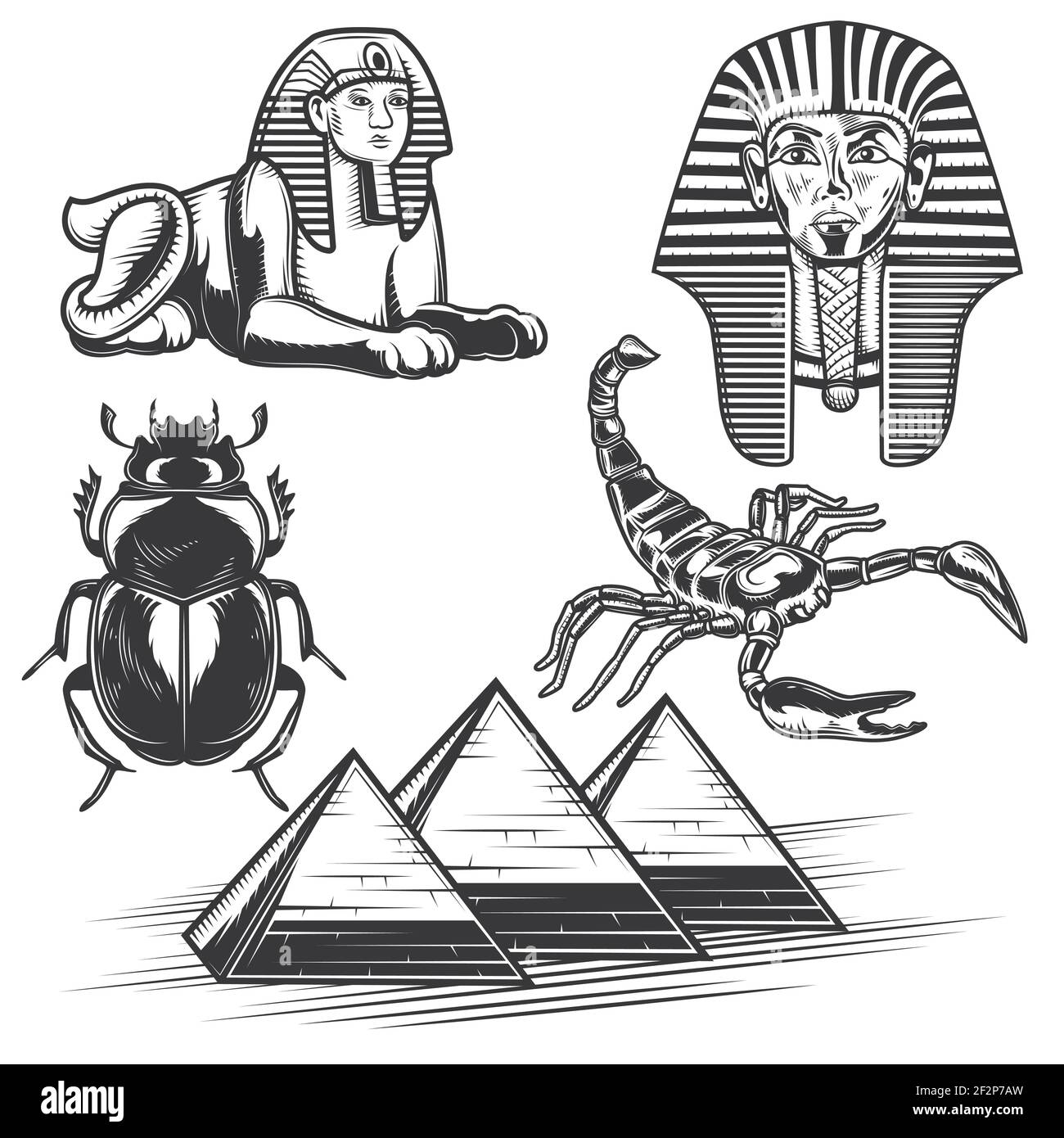 Set aus ägyptischen Elementen (Skorpion, Pharao, Pyramiden etc.) für die Erstellung Ihrer eigenen Abzeichen, Logos, Etiketten, Plakate etc. Isoliert auf weiß. Stock Vektor
