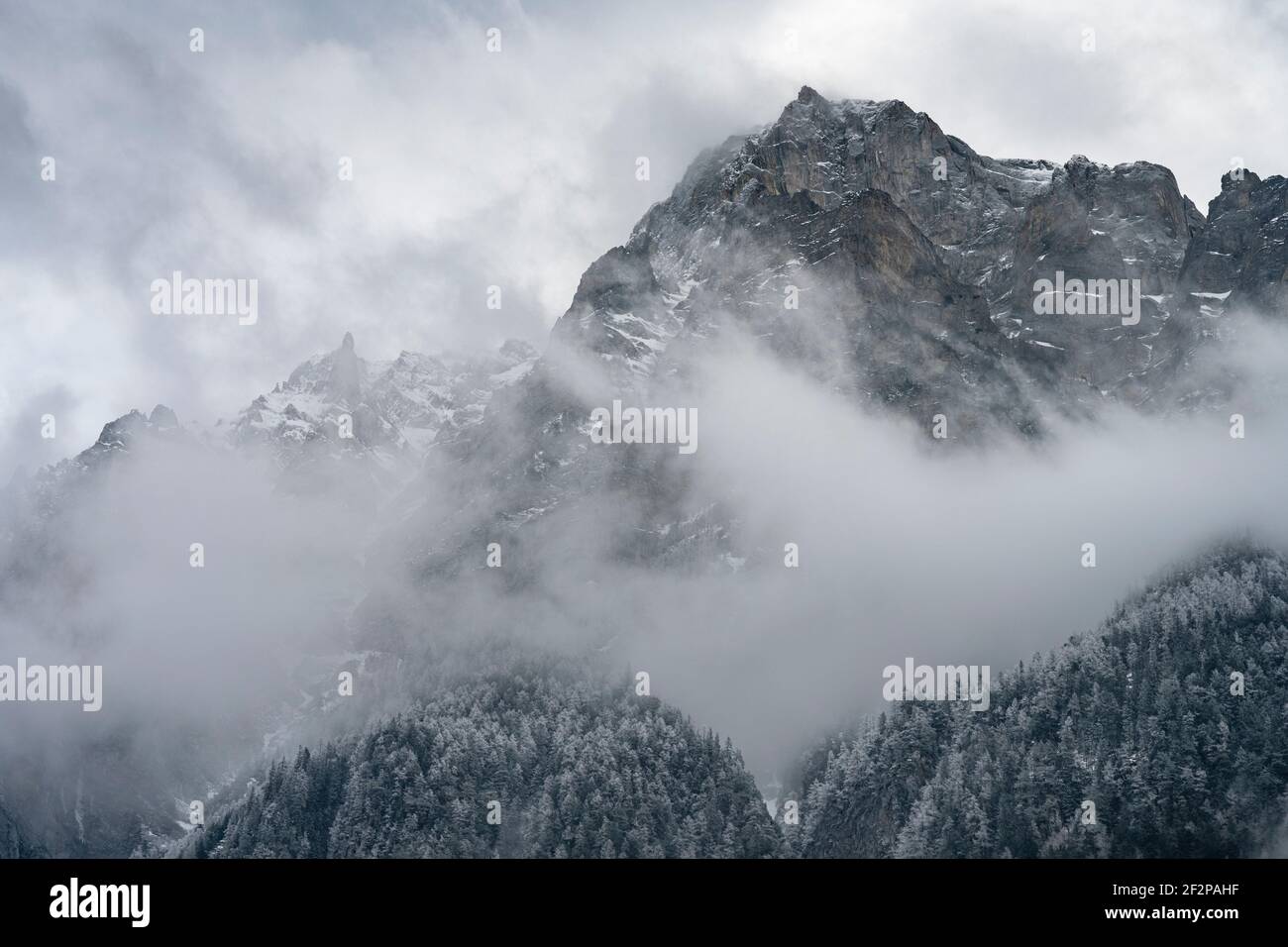 Europa, Schweiz, Kanton St. Gallen, starker Nebel über Vättis Stockfoto