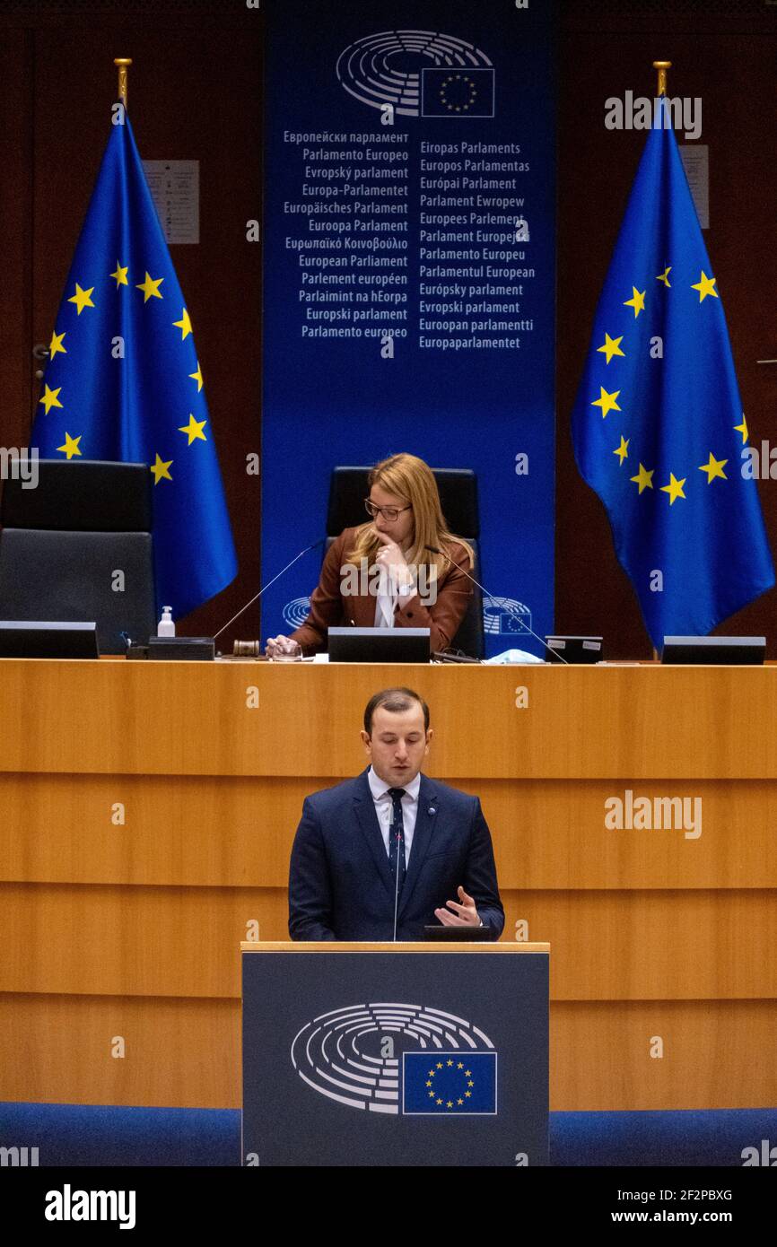 Plenarsitzung im Europäischen Parlament. Brüssel am 09/03/2021. Session pleniere au Parlament Europa. Brüssel le 08/03/2021. Stockfoto