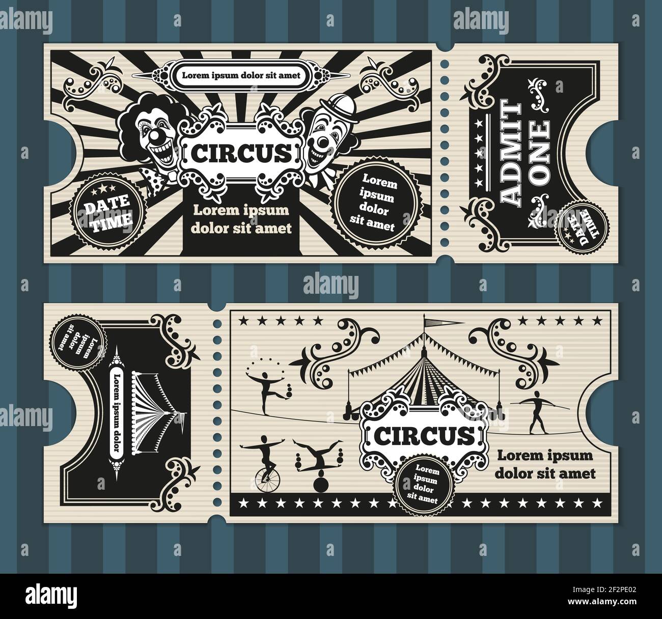 Geburtstagskarte mit Zirkuskarten Vektor-Vorlage. Ticket Einladung Zirkus, Einladung Geburtstagskarte, Zirkus Karneval Ticket, Gutschein Zirkus Party Ticket Stock Vektor