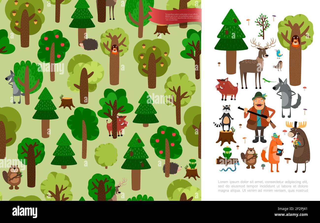 Flach schönen Wald Konzept mit niedlichen Tieren Vögel Jäger halten Waffe Bäume Pilze und Blumen Vektor-Illustration Stock Vektor
