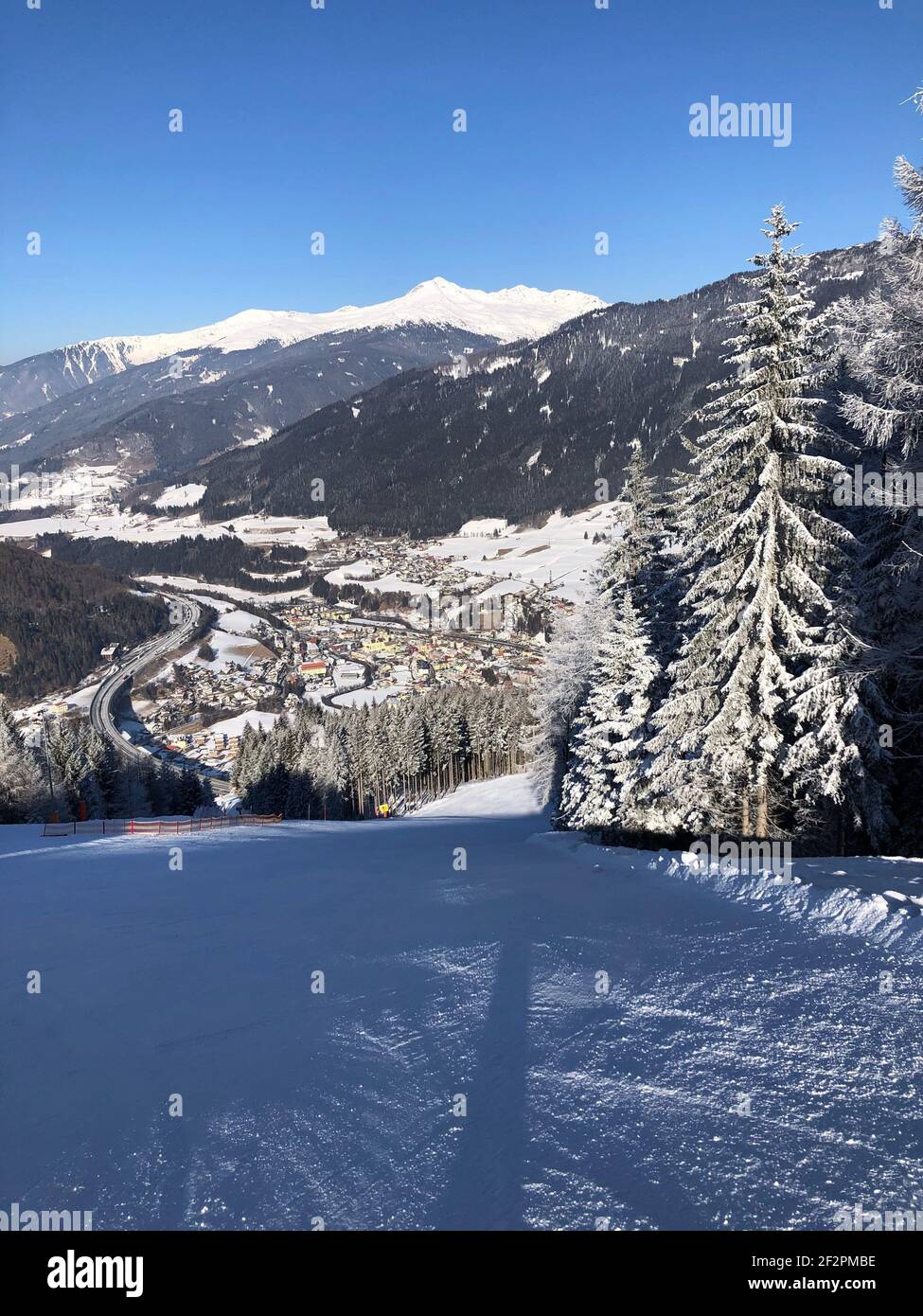 Skigebiet Bergeralm, Skipiste, Winterlandschaft, Natur, Brennerautobahn, Wipptal, Brennerpass, Innsbruck, Steinach am Brenner, Tirol, Österreich Stockfoto
