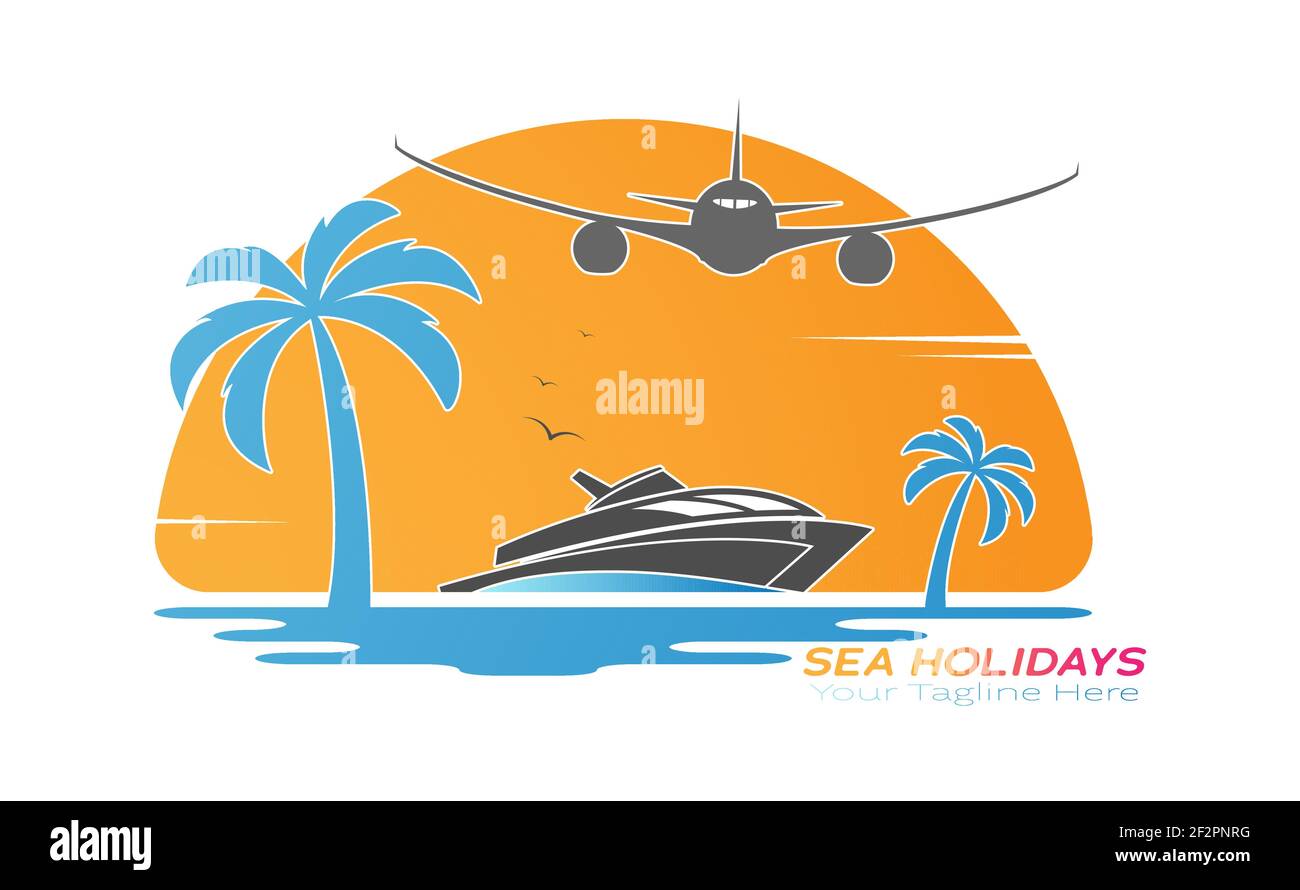 Flugzeug fliegt über eine Welle mit einer Yacht und Palmen auf dem Hintergrund des Sonnenuntergangs. Vektorgrafik für Logo, Emblem, Aufkleber und kreatives Design Stock Vektor