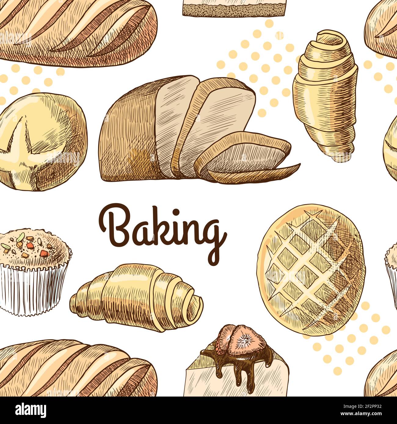 Blätterteig Brot Croissants Cupcake Backen nahtlose Lebensmittel-Muster-Vektor-illustration Stock Vektor