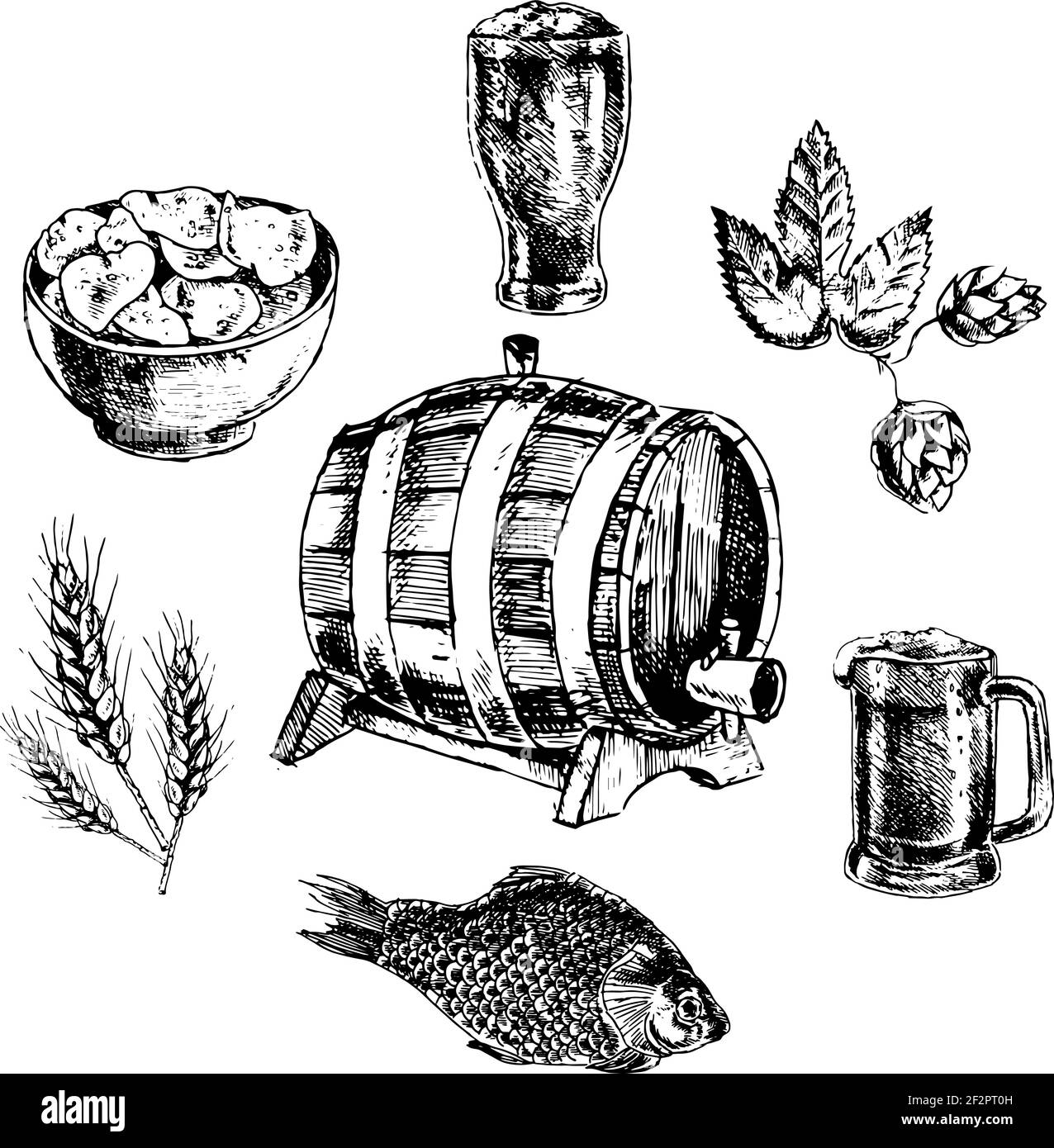 Dekorative Bier-Snack-Bar Pint Glas mit Kartoffelchips Ikonen Skizze Doodle abstrakten Vektor isolierte Illustration setzen Stock Vektor