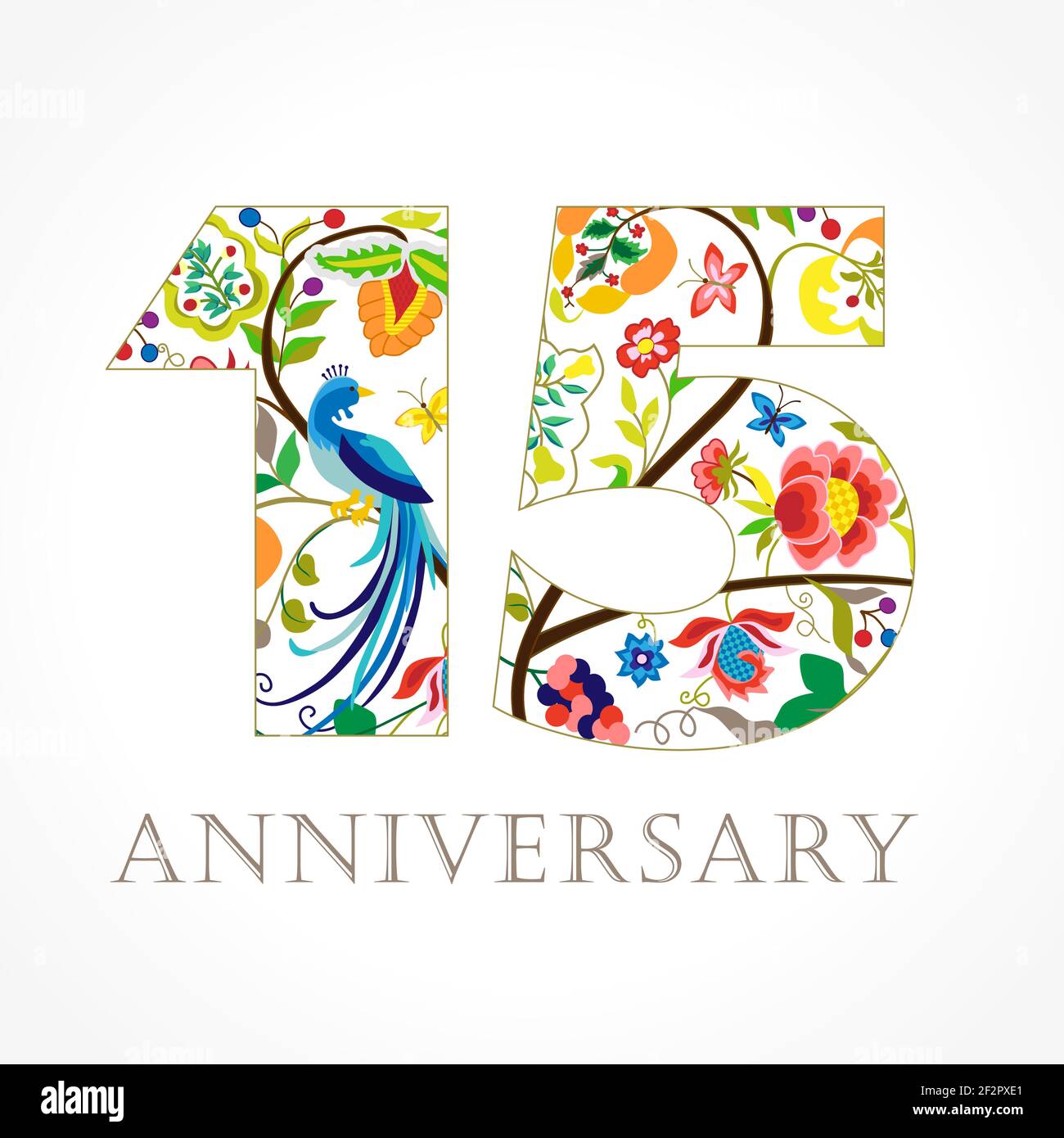 15 Jahre alt luxuriös feiern Folk-Logo. Vorlage farbige 15 th Happy Jahrestag Grüße, Ethnien Blumen, Pflanzen, Paradies Vögel. Satz trad Stock Vektor