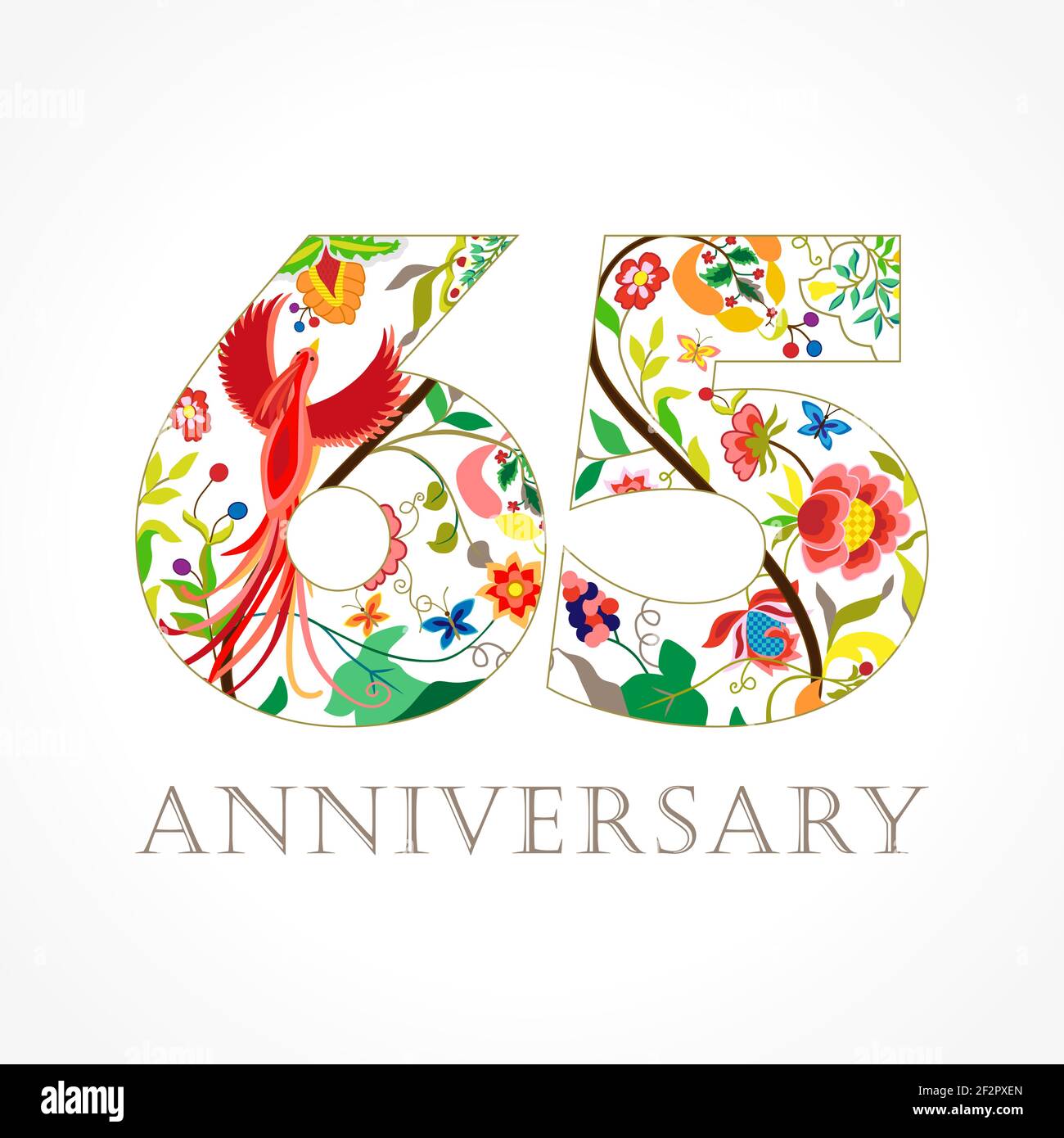 65 Jahre alt luxuriös feiern Folk-Logo. Vorlage farbige 65 th Happy Jahrestag Grüße, Ethnien Blumen, Pflanzen, Paradies Vögel. Traditionell Stock Vektor