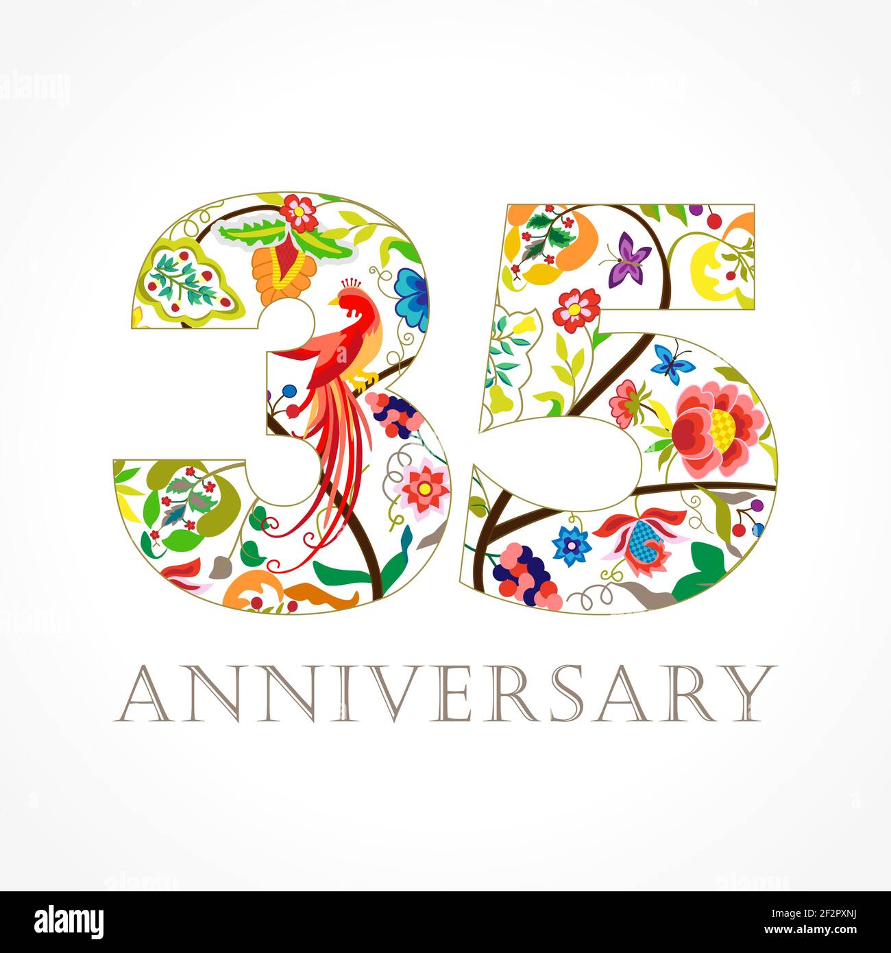 35 Jahre alt luxuriös feiern Folk-Logo. Vorlage farbige 35 th Happy Jahrestag Grüße, Ethnien Blumen, Pflanzen, Paradies Vögel. Traditionell Stock Vektor
