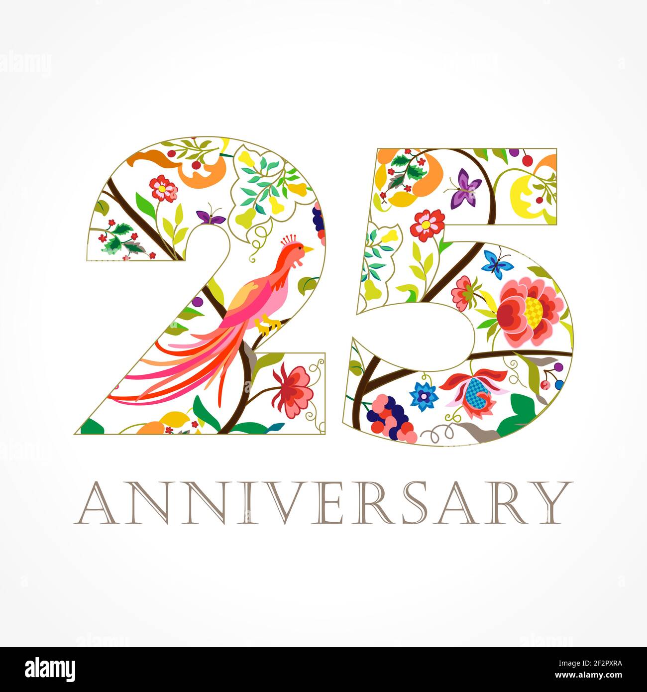 25 Jahre alt luxuriös feiern Folk-Logo. Vorlage farbige 25 th Happy Jahrestag Grüße, Ethnien Blumen, Pflanzen, Paradies Vögel. Traditionell Stock Vektor