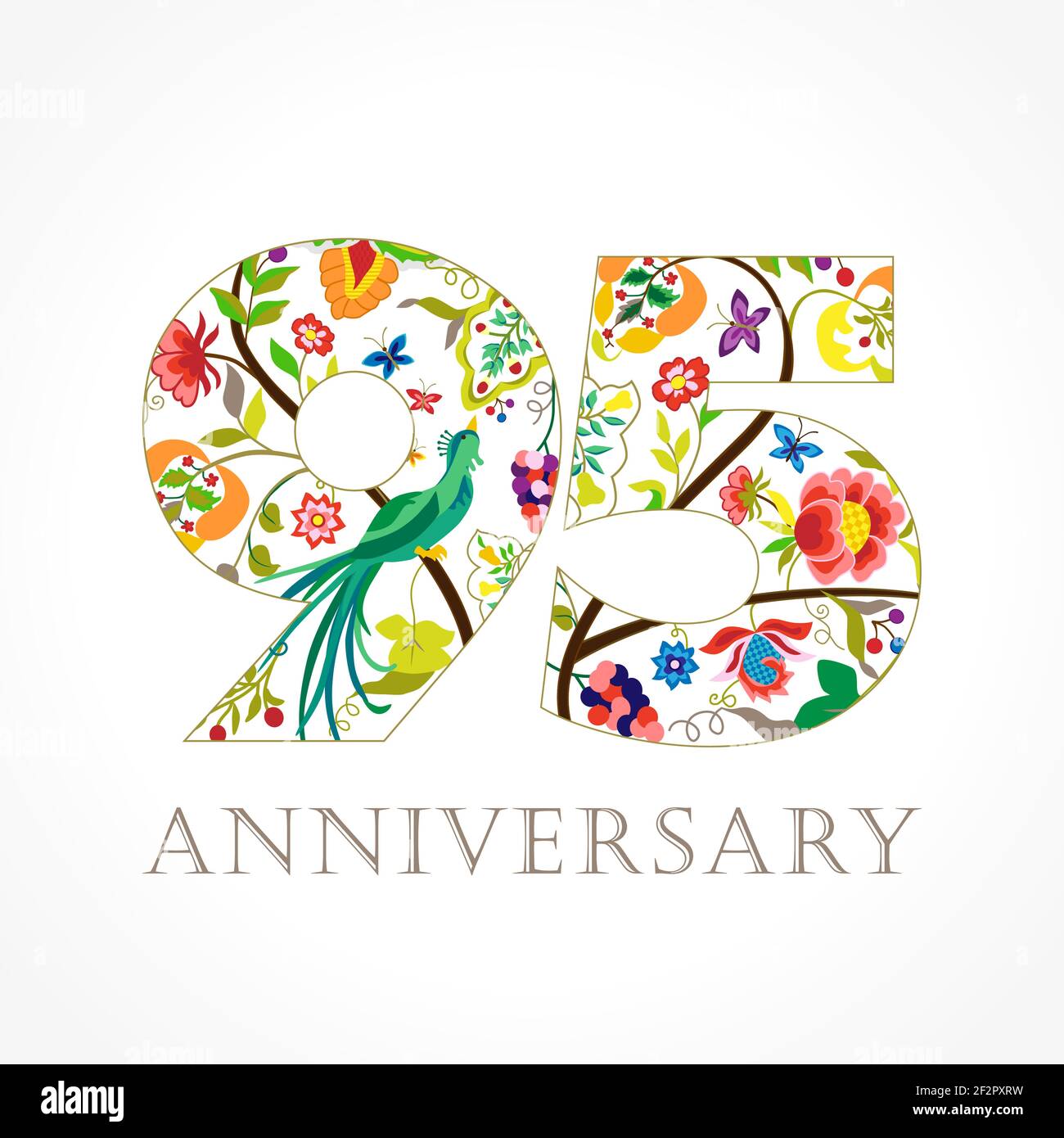 95 Jahre alt luxuriös feiern Folk-Logo. Vorlage farbige 95 th Happy Jahrestag Grüße, Ethnien Blumen, Pflanzen, Paradies Vögel. Traditionell Stock Vektor
