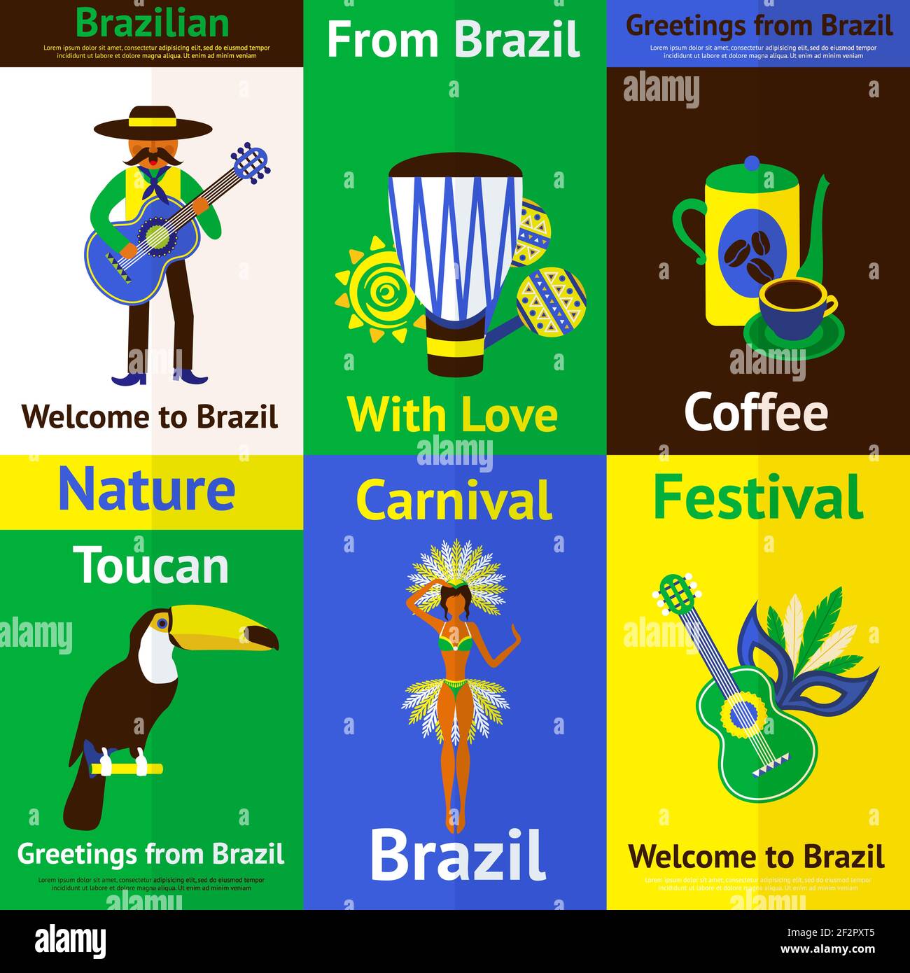 Brasilien Mini Poster Set mit Tourismus Natur Musik Karneval Symbole Isolierte Vektordarstellung Stock Vektor