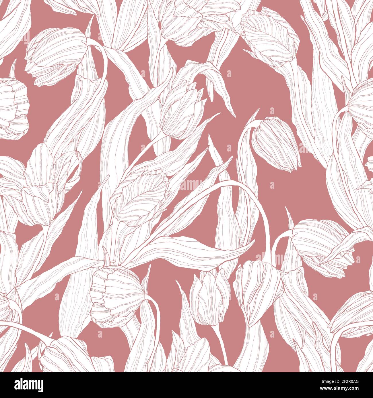 Nahtloses Blumenmuster mit Tulpenblüte. Vektor wiederholenden Hintergrund mit Linie Kunst Frühling Blume Muster. Am besten für Verpackung, Textil oder Druck desig Stock Vektor