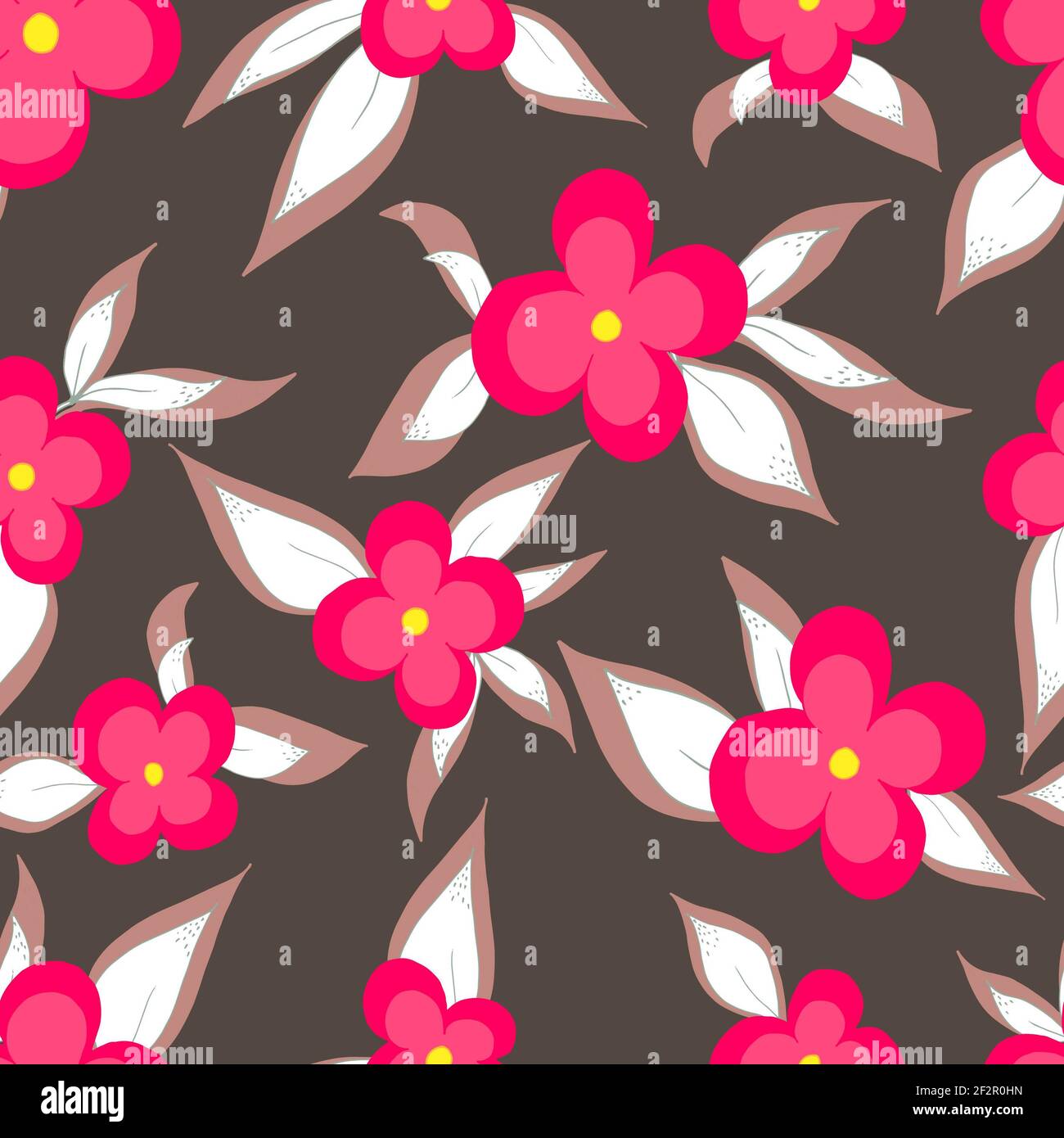 Nahtlose Muster Blumen mit Blättern.Botanische Illustration für Hintergrund, Tapete, Textil, Stoff, Kleidung, Papier, Postkarten. Stockfoto