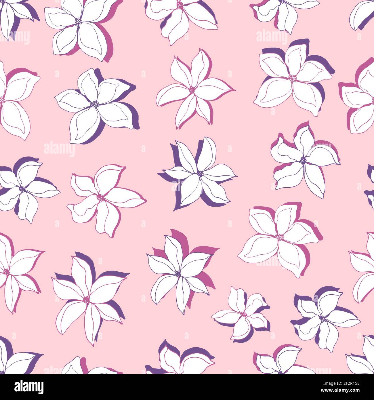 Nahtloses Muster mehrfarbige Blumen mit Schatten. Botanische Illustration für Tapeten, Textilien, Stoffe, Geschenkpapier, Karten, Hintergründe Stockfoto