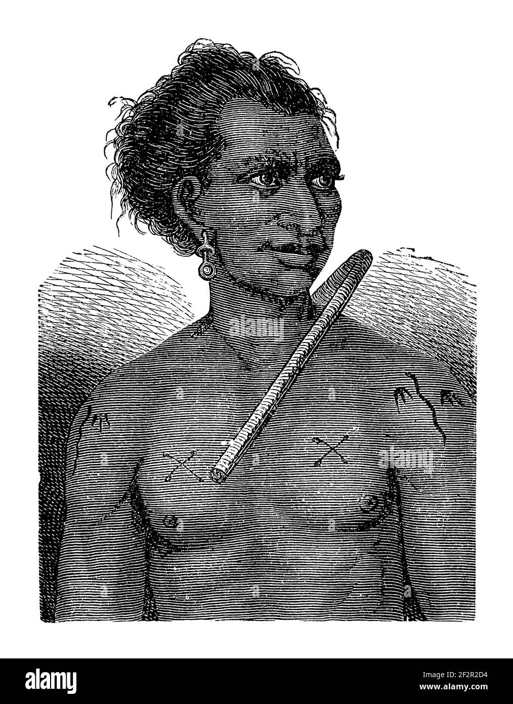 Antike Gravur von Abathulle, Stammesoberhaupt von Palau. Illustration erschienen in Systematischer Bilder-Atlas zum Conversations-Lexikon, ikonographisch Stockfoto