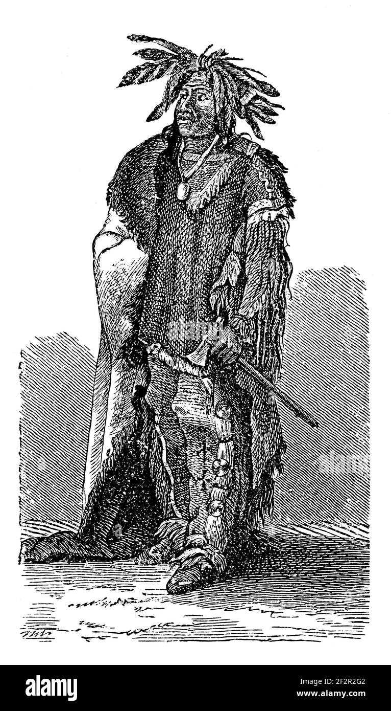 Illustration eines Sioux-Kriegers aus dem 19th. Jahrhundert. Stich veröffentlicht in Systematischer Bilder-Atlas zum Conversations-Lexikon, Ikonographische Encyklopae Stockfoto