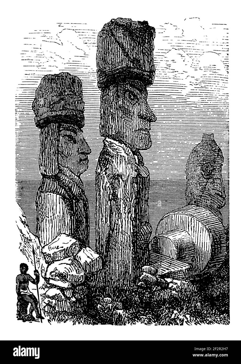 Antike 19th-Jahrhundert-Illustration von Moai auf der Osterinsel. Stich veröffentlicht in Systematischer Bilder-Atlas zum Conversations-Lexikon, Ikonographe Stockfoto