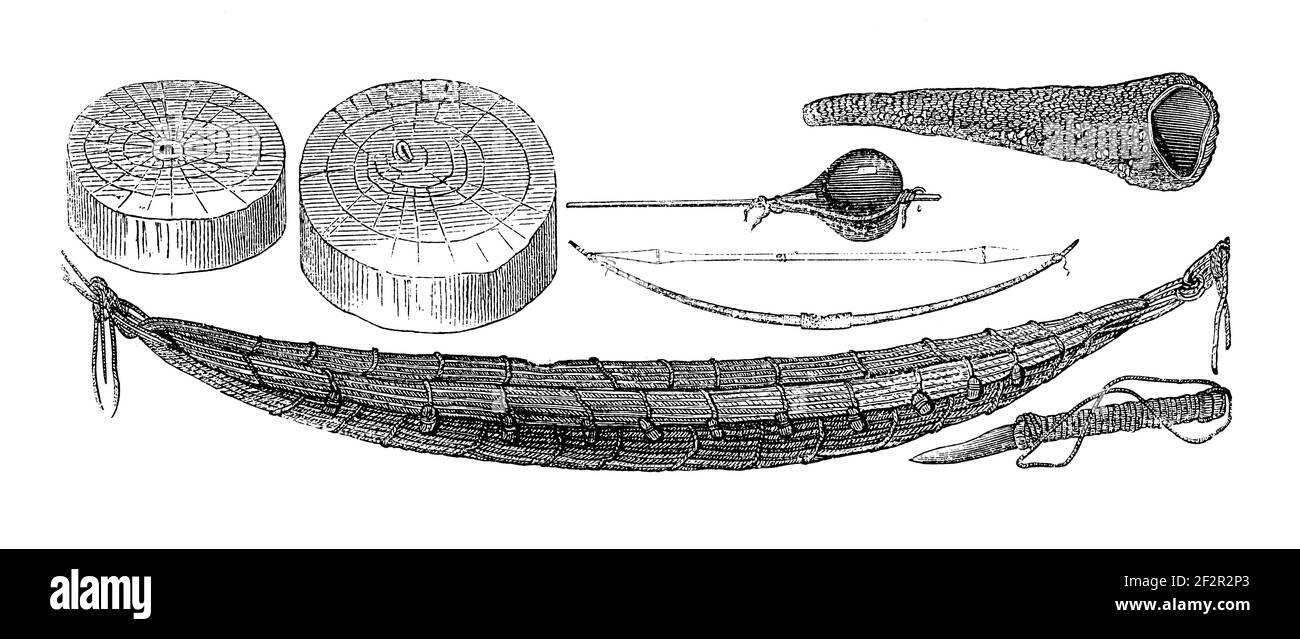 19th-Jahrhundert Gravur von Botocudo Artefakte. Illustration erschienen in Systematischer Bilder-Atlas zum Conversations-Lexikon, Ikonographische Encyklo Stockfoto