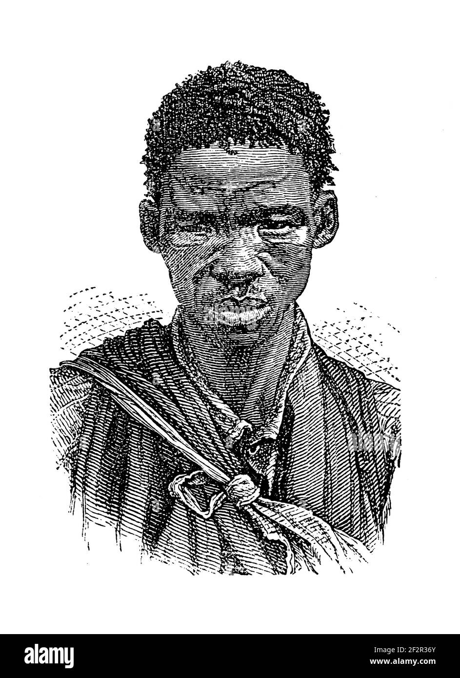 Antike Illustration eines Khoichoi-Mannes aus dem 19th. Jahrhundert. Gravur veröffentlicht in Systematischer Bilder-Atlas zum Conversations-Lexikon, Ikonographische Enc Stockfoto