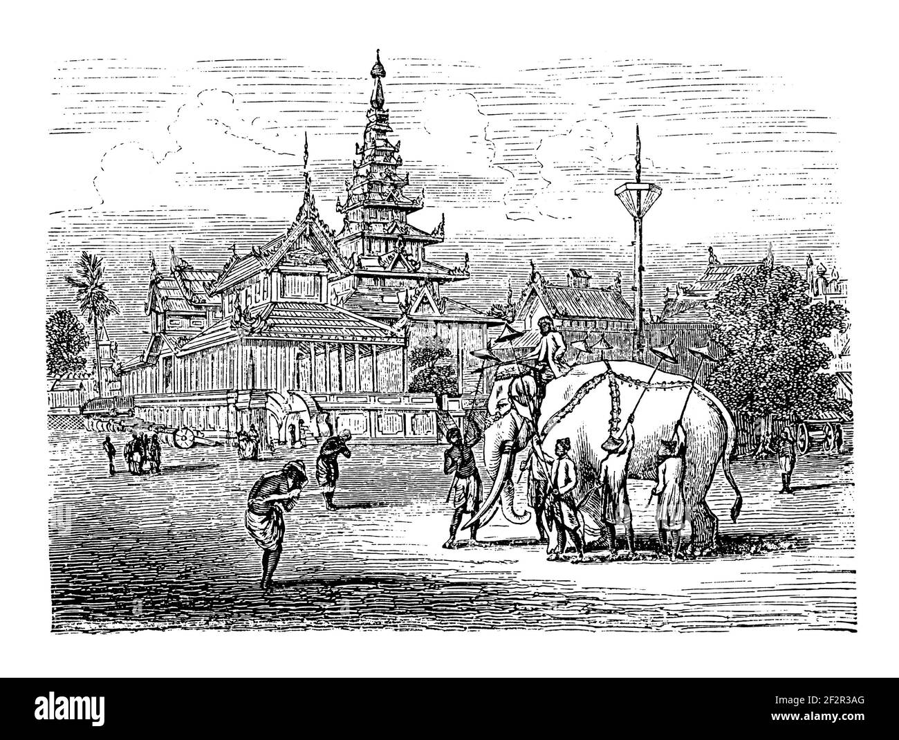 19th-Jahrhundert-Gravur des königlichen Palastes von König Bodawpaya in Amarapura, Myanmar. Illustration erschienen im Systematischen Bilder-Atlas zum Conversa Stockfoto