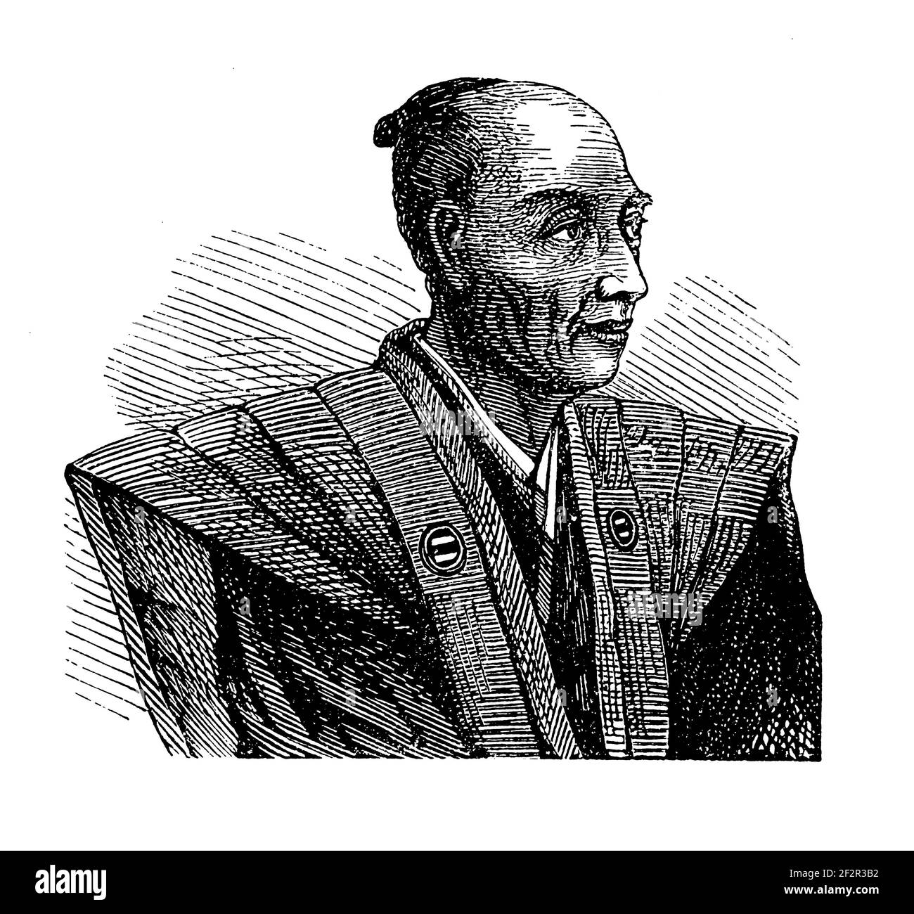 Antike 19th-Jahrhundert-Illustration von japanischen Männern. Gravur veröffentlicht in Systematischer Bilder-Atlas zum Conversations-Lexikon, Ikonographische Encyk Stockfoto