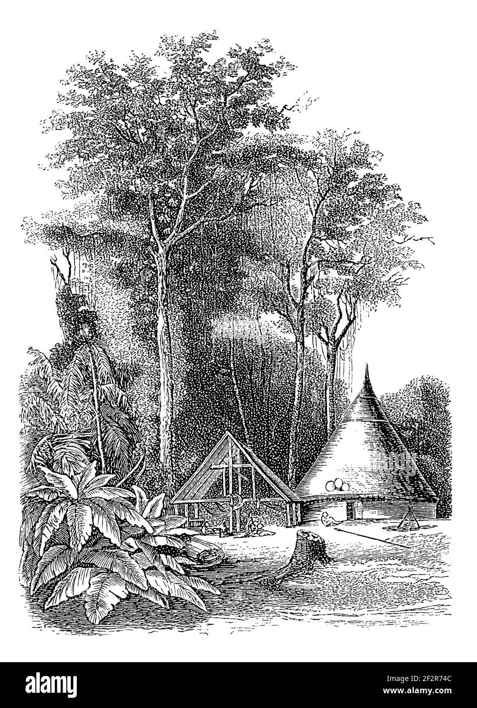 Antike Illustration eines Macushi-Dorfes. Gravur veröffentlicht in Systematischer Bilder-Atlas zum Conversations-Lexikon, Ikonographische Encyklopedie Stockfoto